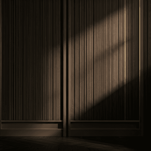 Темная архитектурная мебельная композиция с выразительным деревом и латунными деталями.