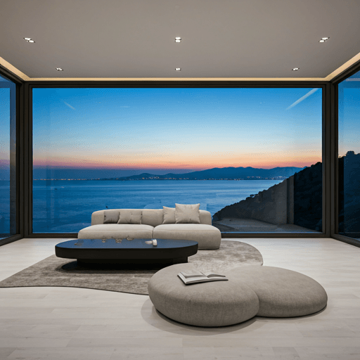 Готовый жилой интерьер с темной премиальной мебелью и панорамным видом.