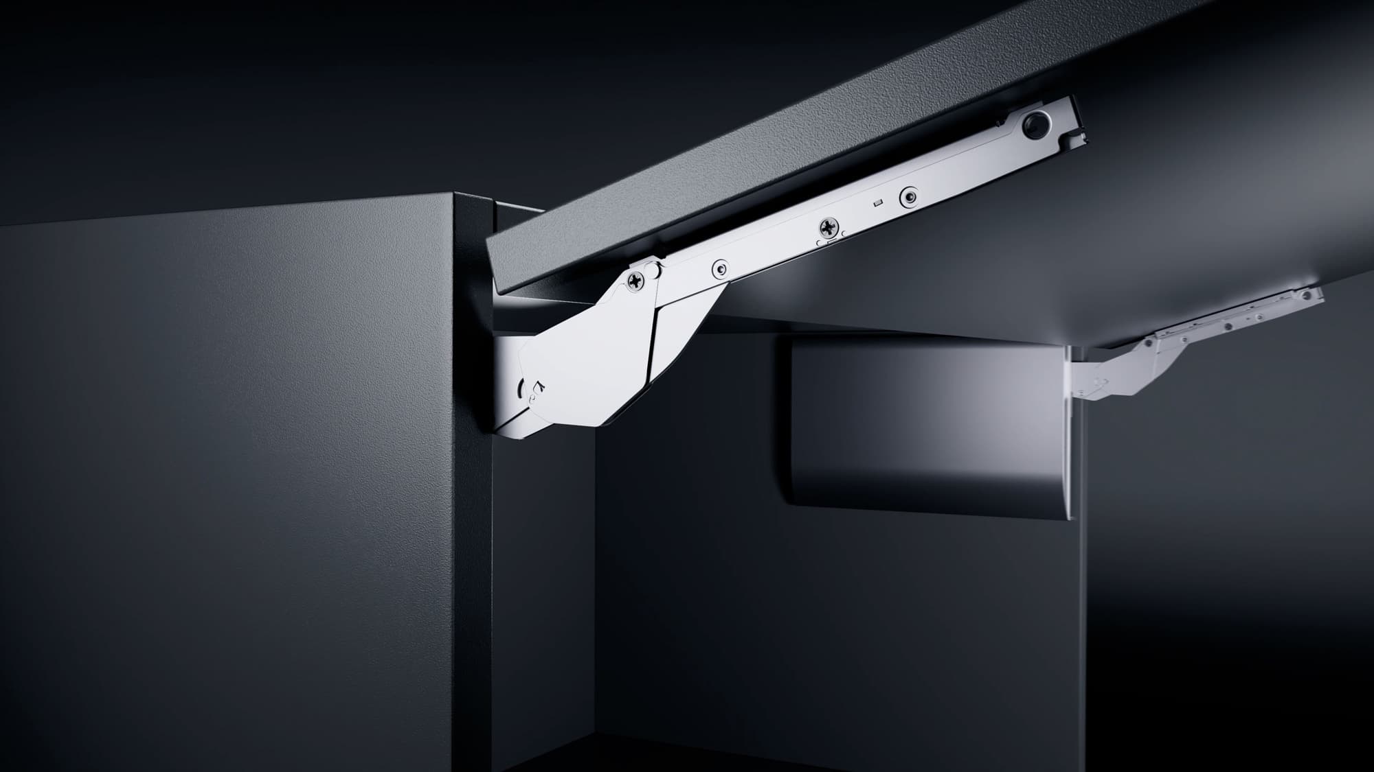 Тонкий скрытый подъемник FREEslim в темной мебельной секции