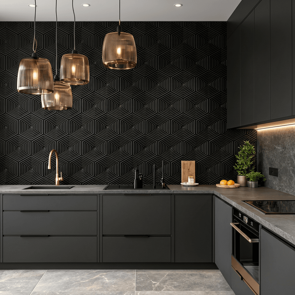 Темная графитовая кухня Baron с декоративной стеновой фактурой и теплым локальным светом.
